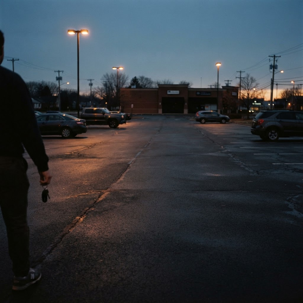 A calm, nearly empty parking lot at dusk under warm streetlights