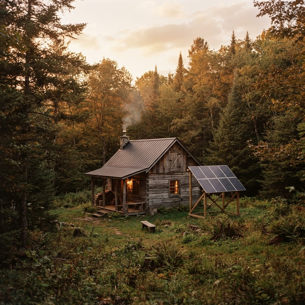 A small wood cabin with solar panels in a forest clearing at golden hour