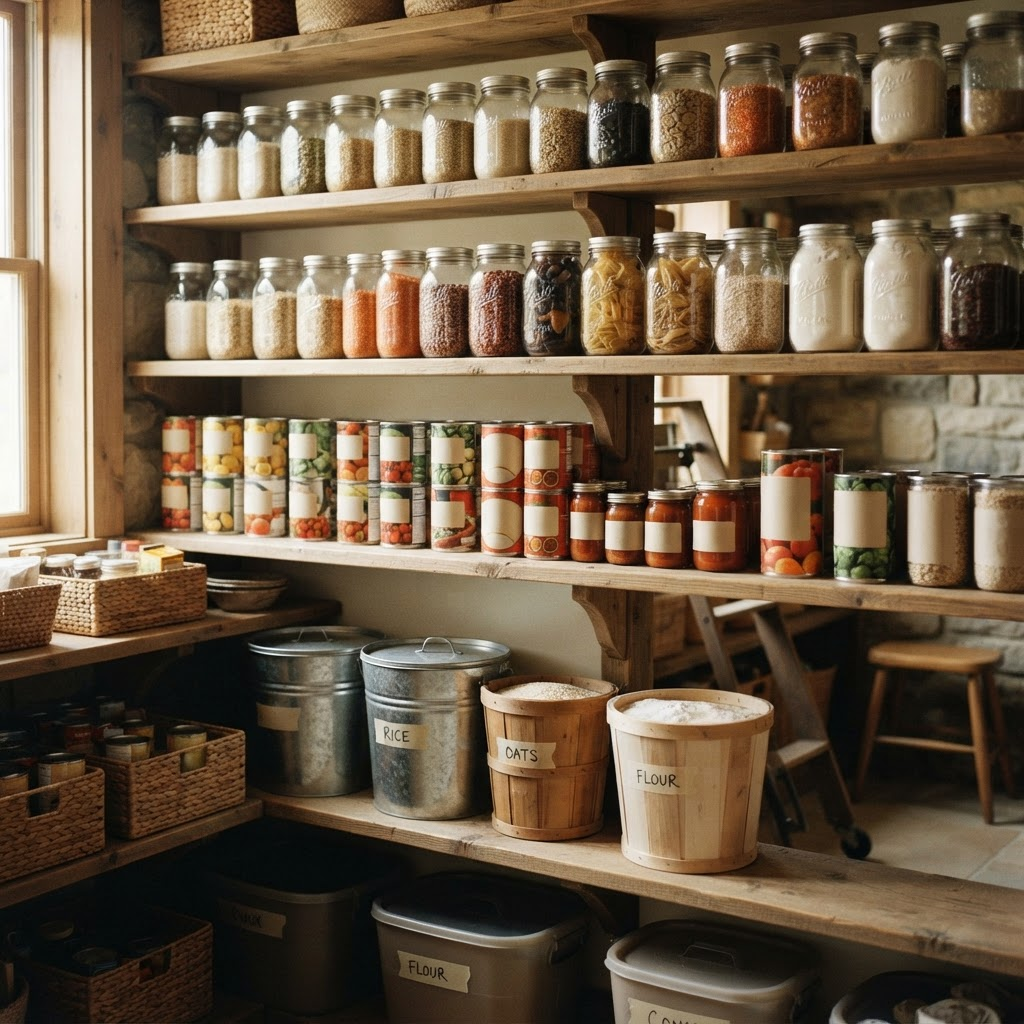 Neatly organized pantry shelves with mason jars and labeled canned goods
