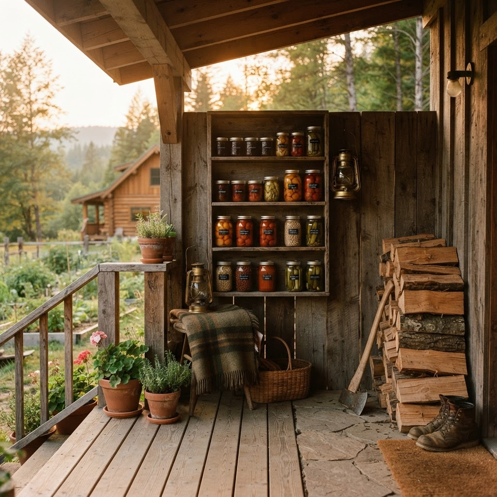 A warm homestead porch with organized supplies